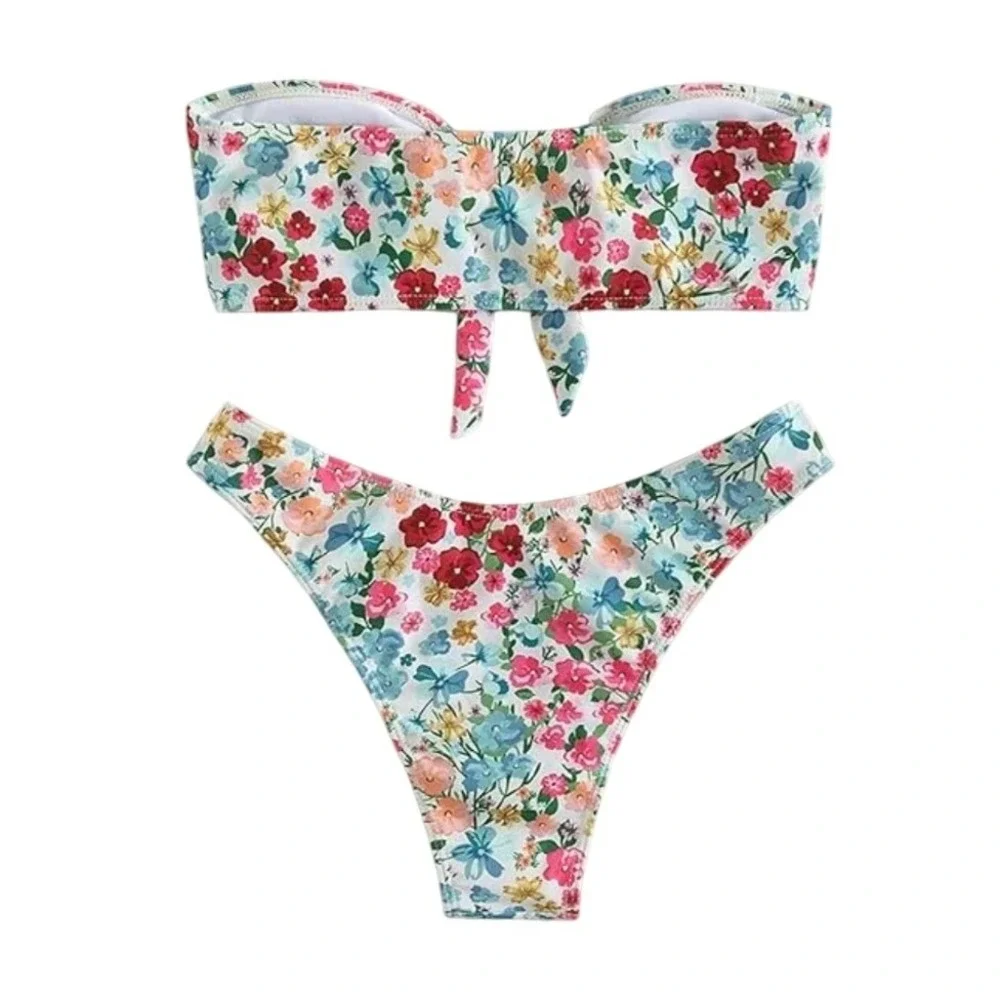 Floral Bandeau Tie Front Bikini Set Multicolor High Cut Swimsuit Large‎